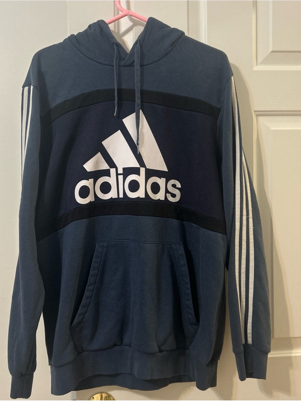 adidas Men's Navy and White Pullover Hoodie with Bold Logo